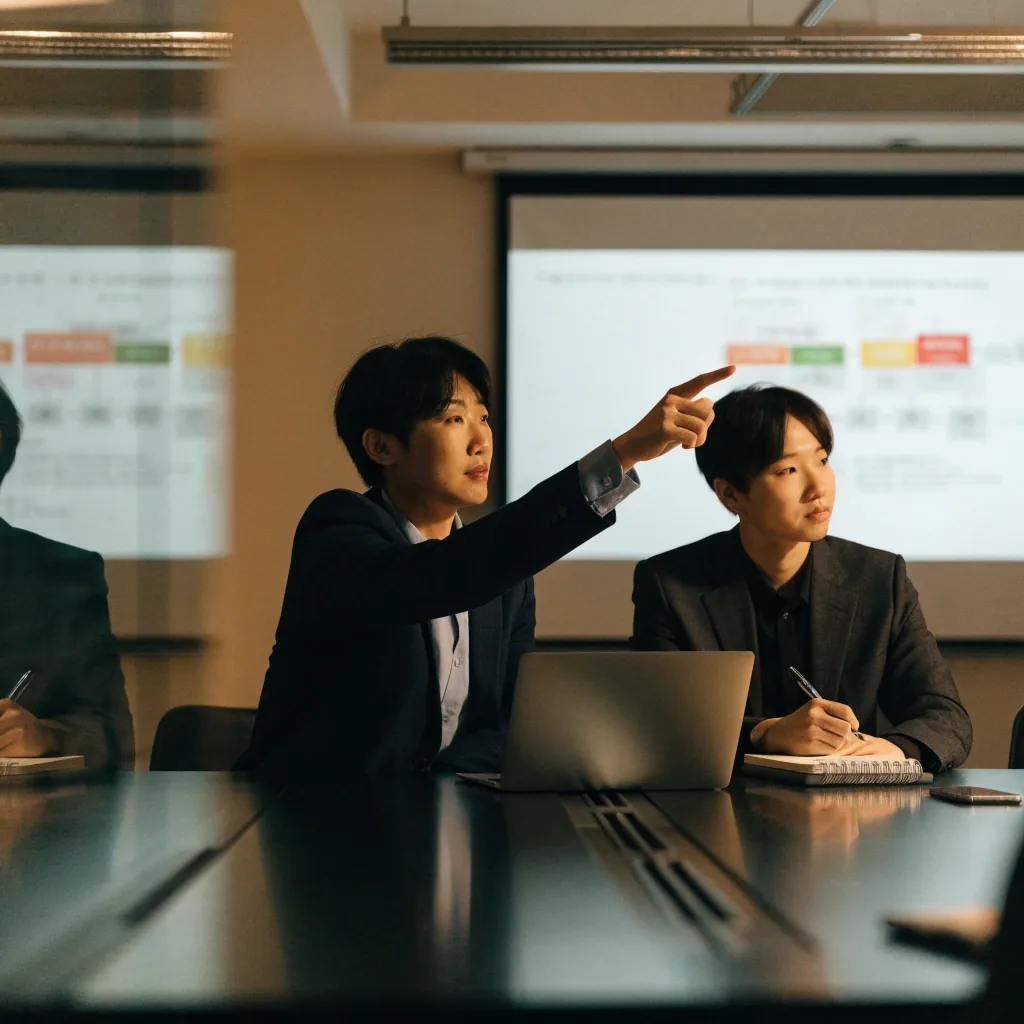 이른 아침 사무실 책상에서 인공지능 도구 검토 자료를 살펴보는 모습
